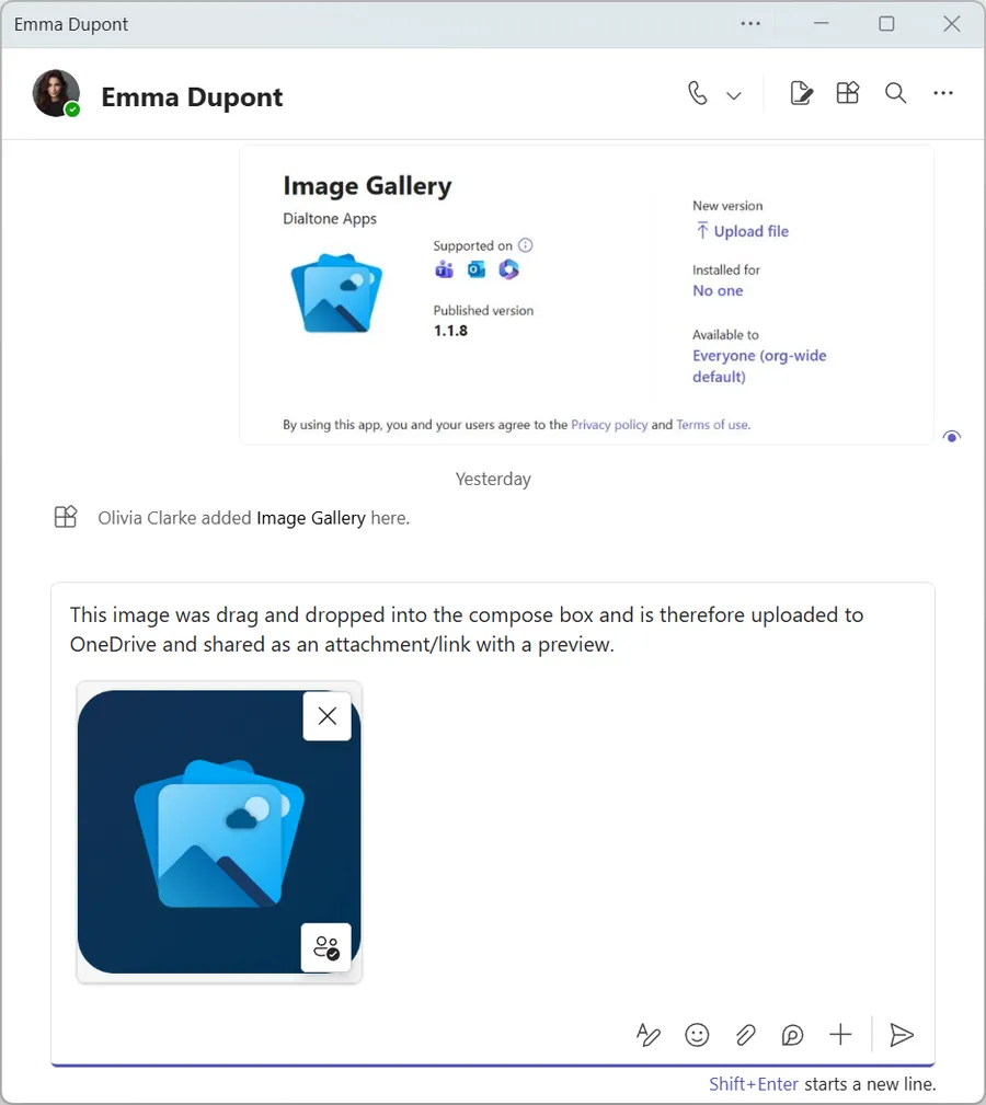 Microsoft Teams compose box showing an image being sent as a file attachment