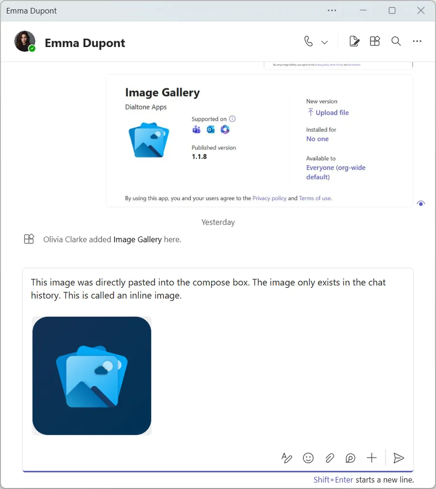 Microsoft Teams compose box showing an image inserted inline in a chat message