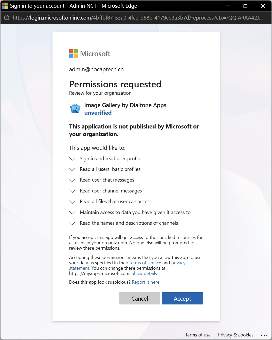 Microsoft consent dialog for Image Gallery showing requested permissions and Accept button