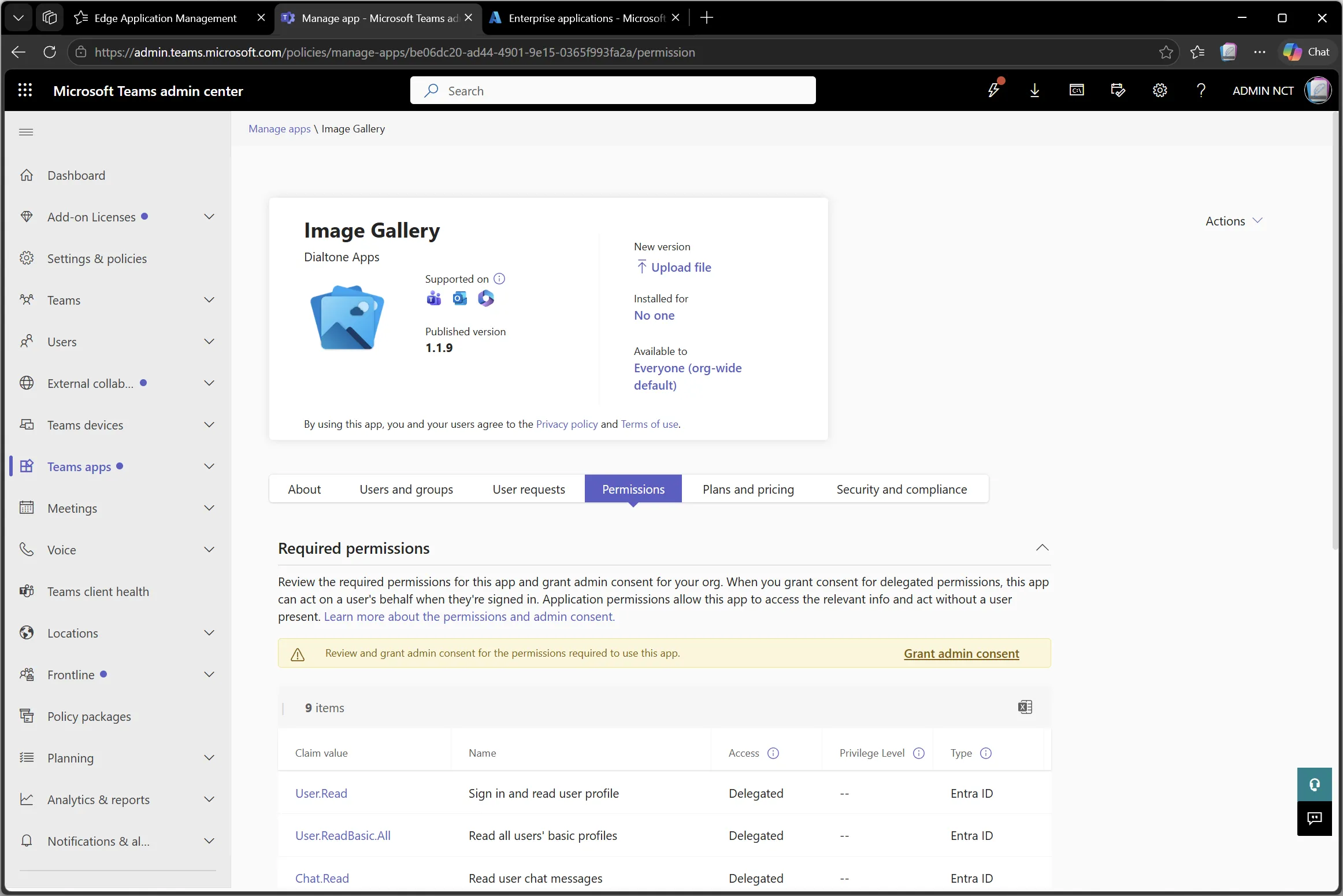 Teams admin center permissions tab with Grant admin consent action