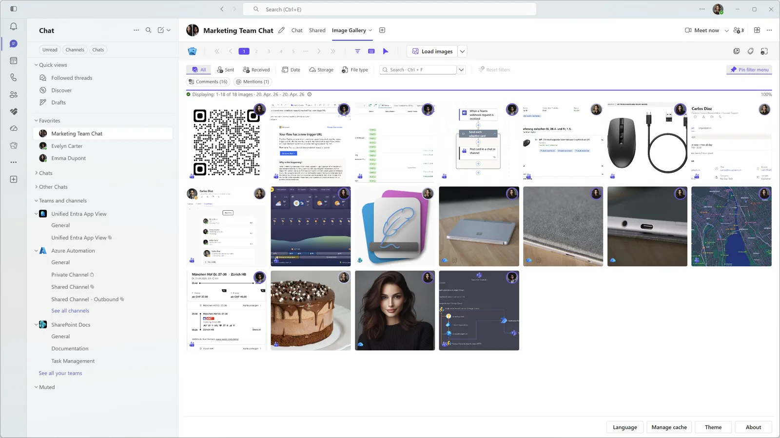 Image Gallery tab in Microsoft Teams showing chat images in a filterable gallery