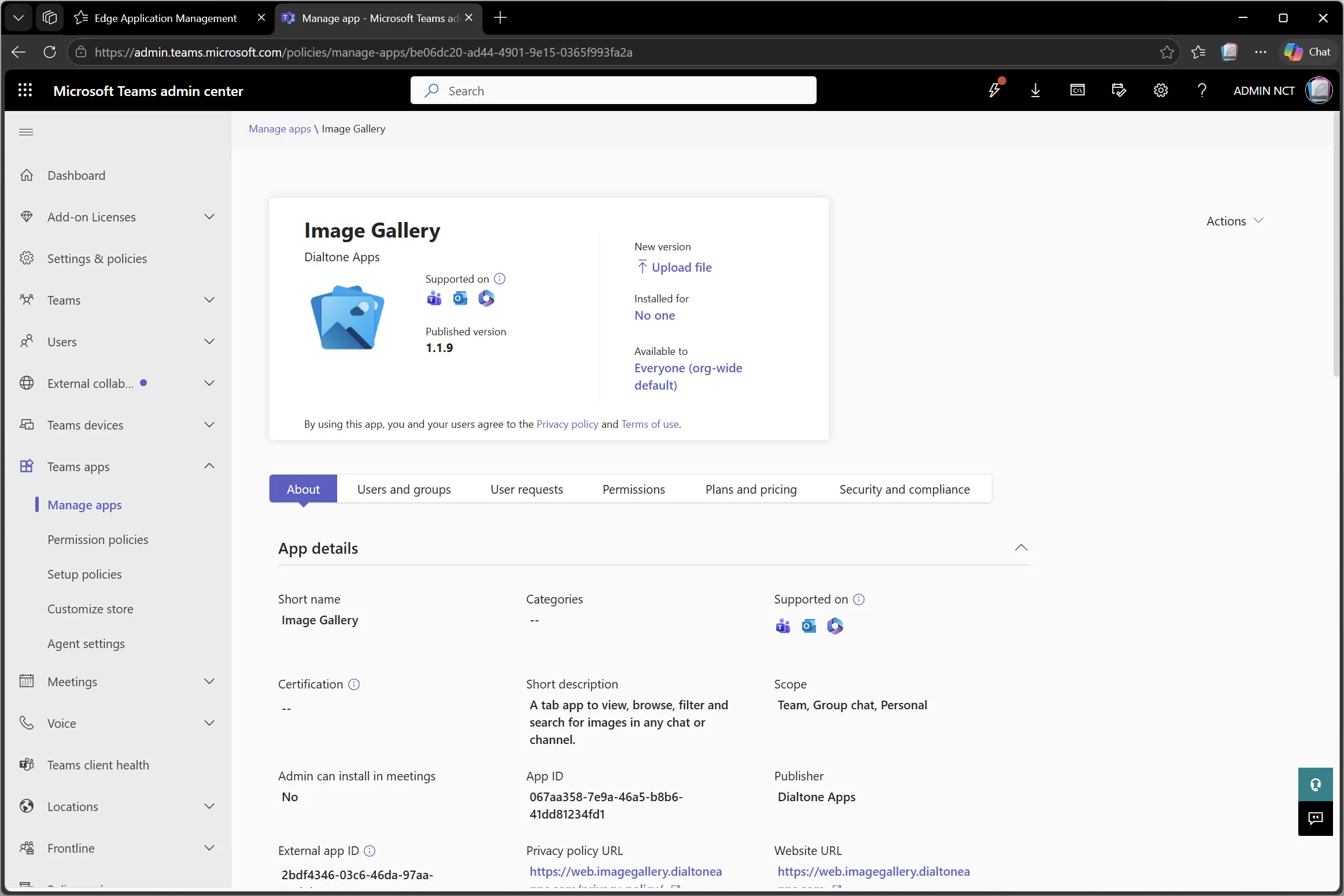 Image Gallery app details page in Teams admin center