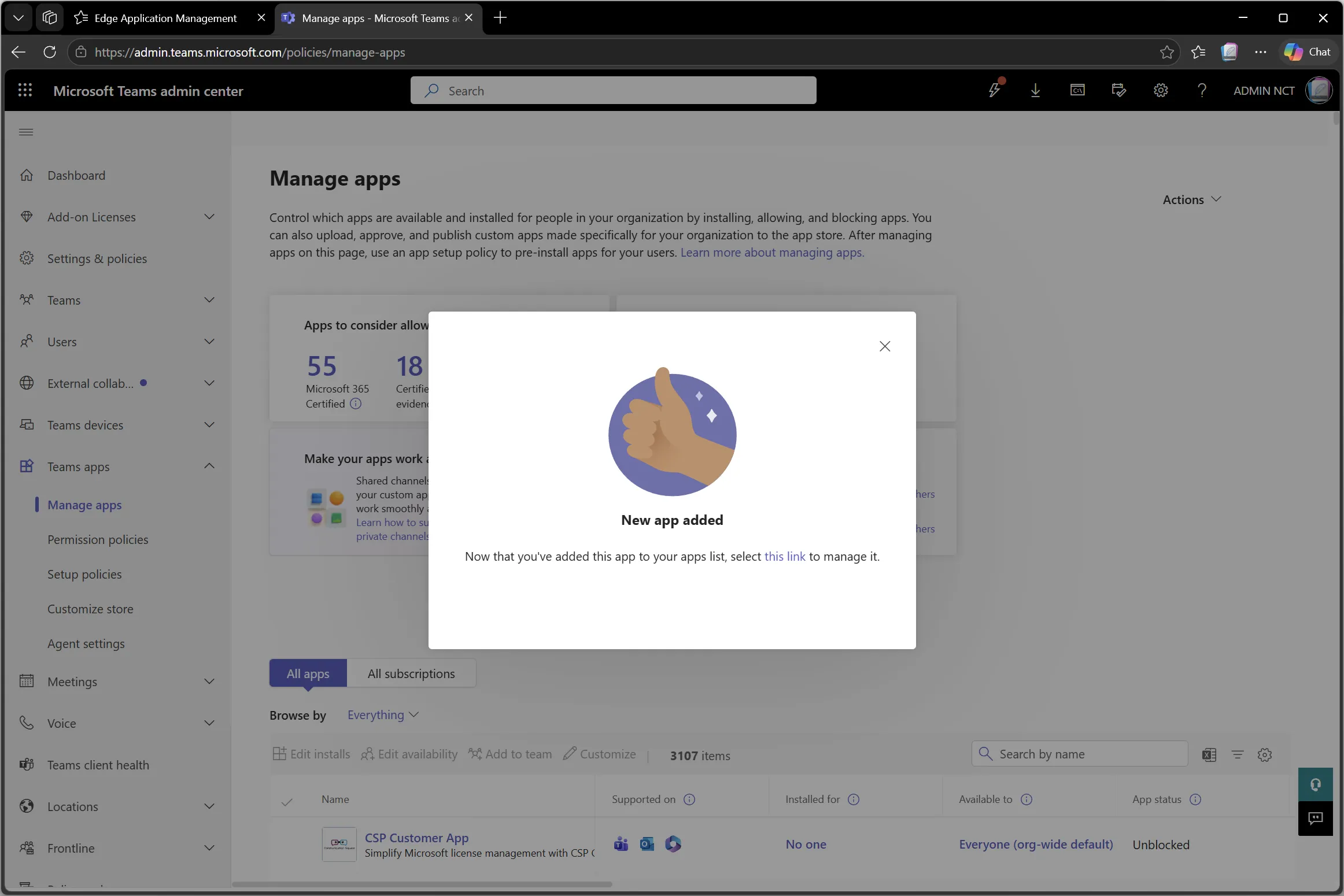 Teams admin center dialog confirming new app added with a link to manage it
