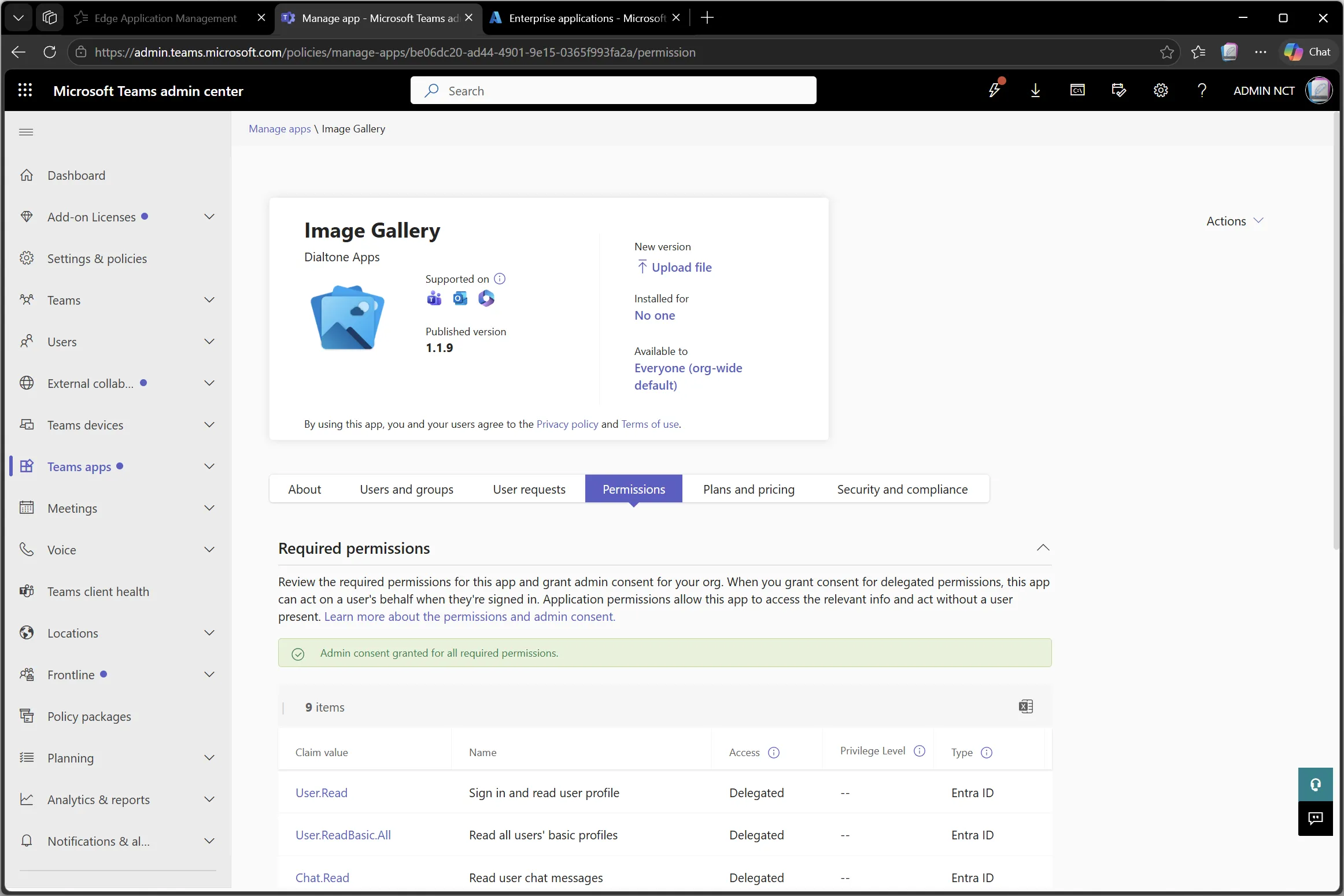 Teams admin center permissions tab showing admin consent granted