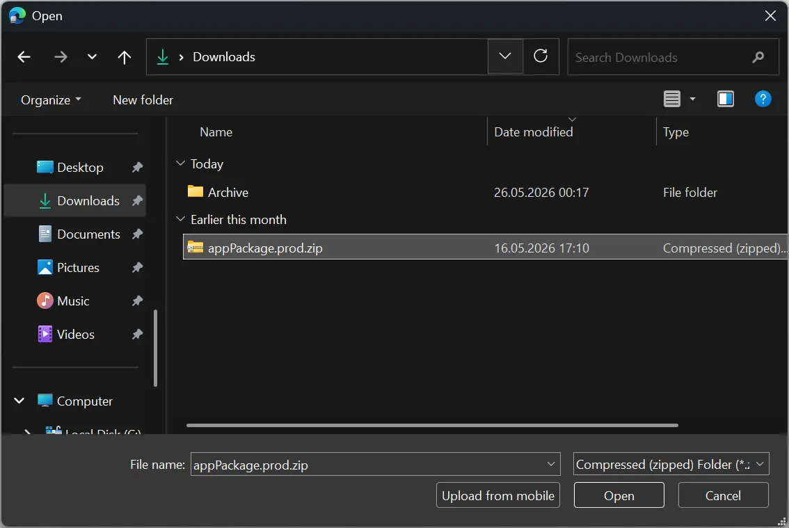 Windows file picker selecting the Image Gallery app package zip file