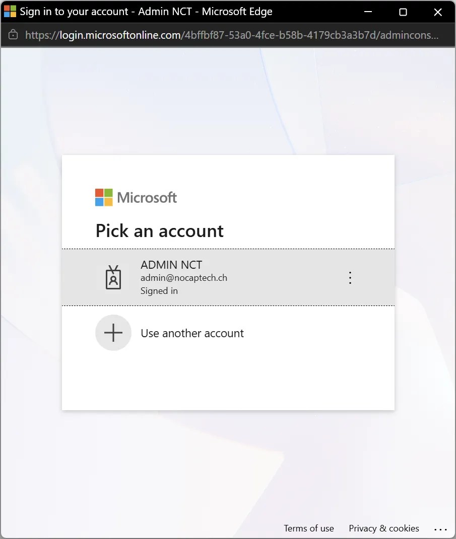 Microsoft sign-in window asking the admin to pick an account