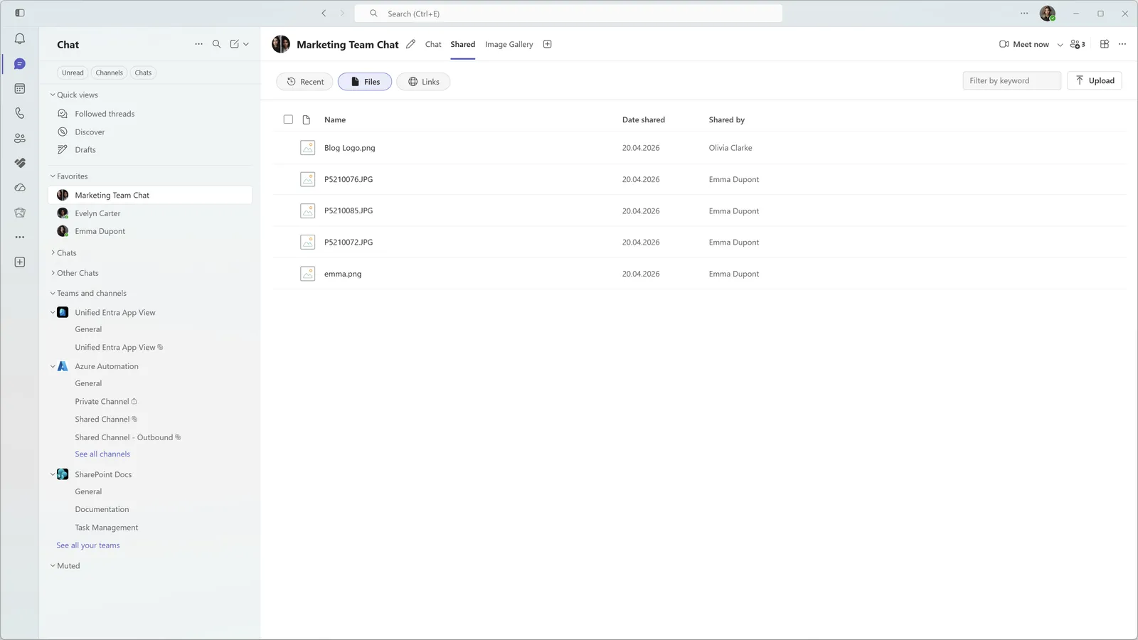 Teams Shared tab in Microsoft Teams showing recent shared files