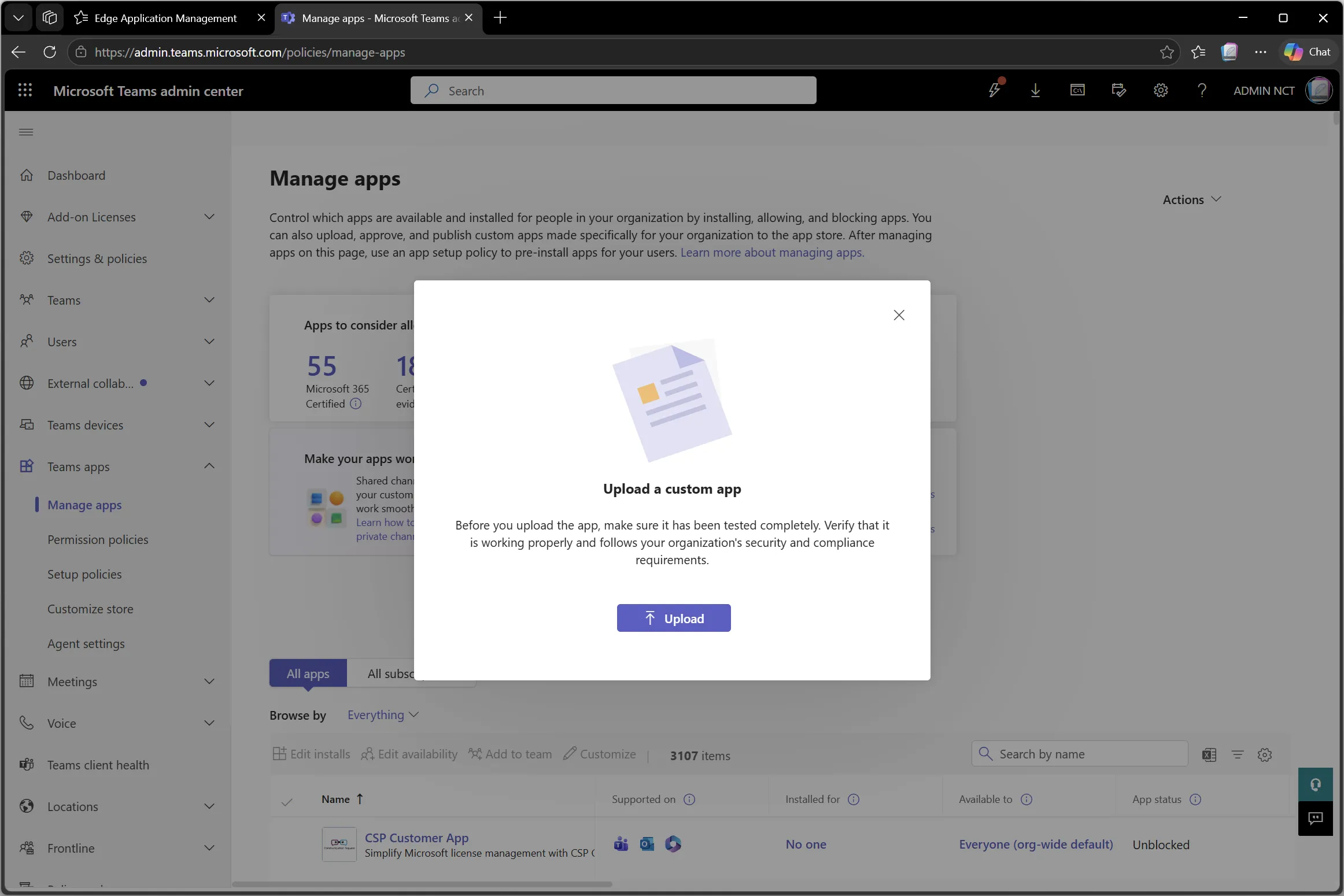 Teams admin center upload custom app dialog