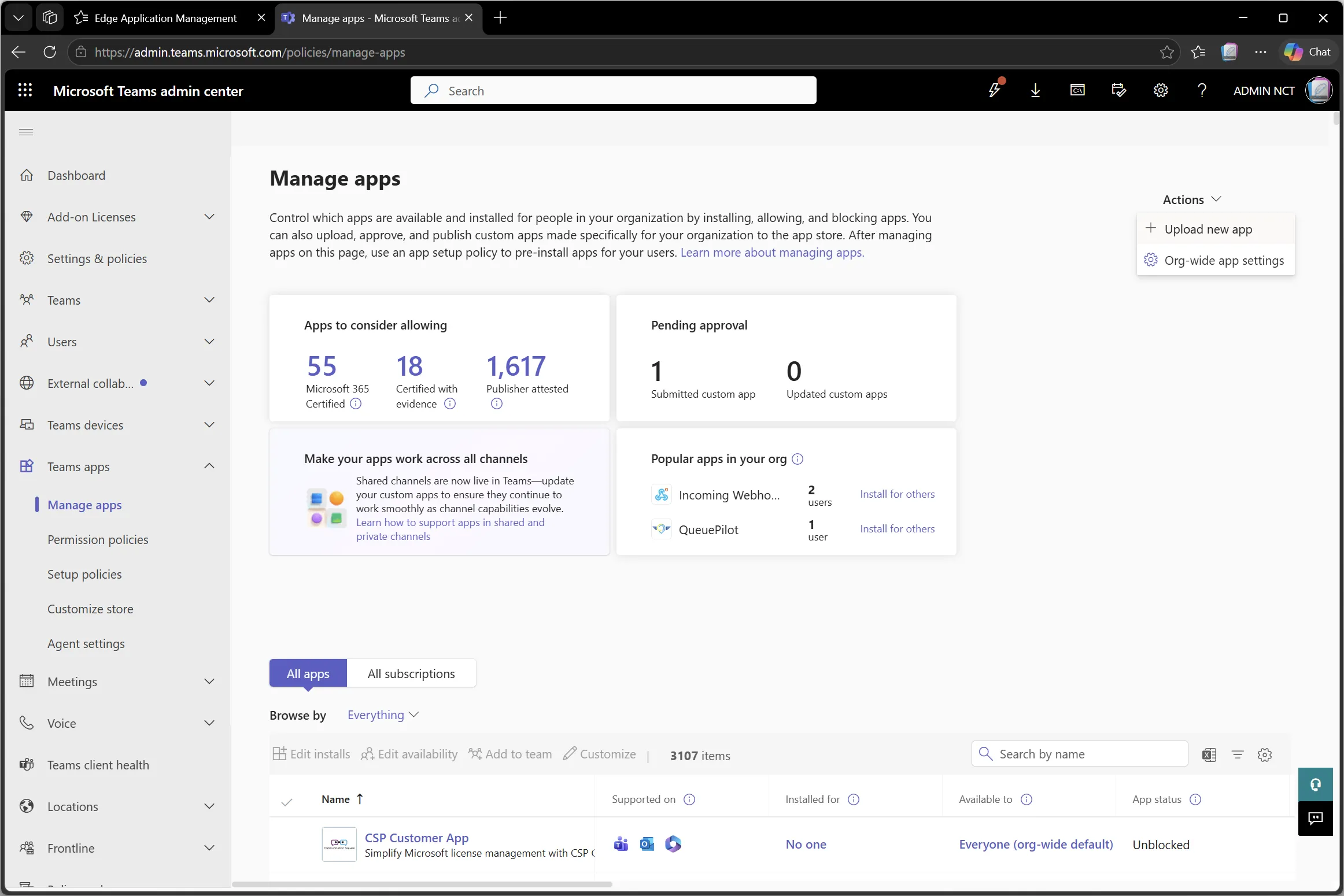 Teams admin center Manage apps page with Actions menu showing Upload new app